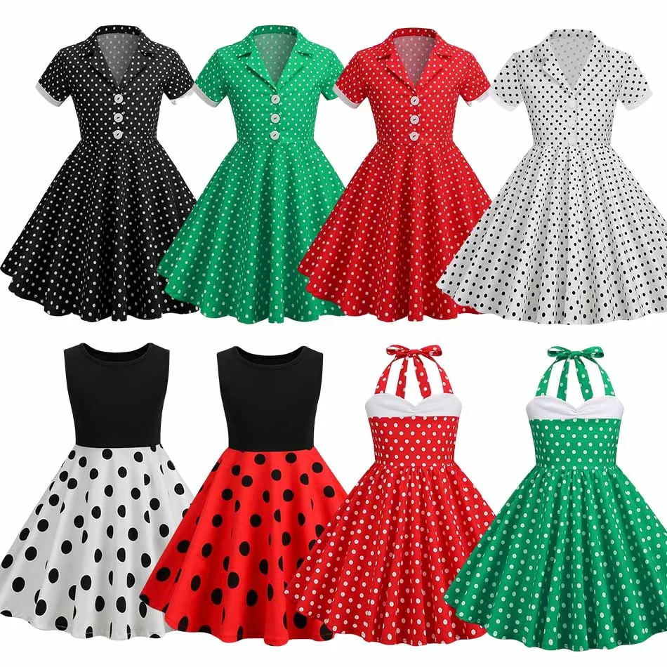 

Kids Girls 50s Audrey Vintage Polka Dot Swing Party Rockabilly Dress Retro Peter Pan Doll Collar Wedding Casual Skater Dress