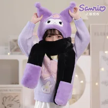 Sanrioed with Ear Winter Hat Hello Kittys Kuromi Melody Cinnamonroll 3 In 1 Women Caps Hood Warm Plush Scarf Gloves Set
