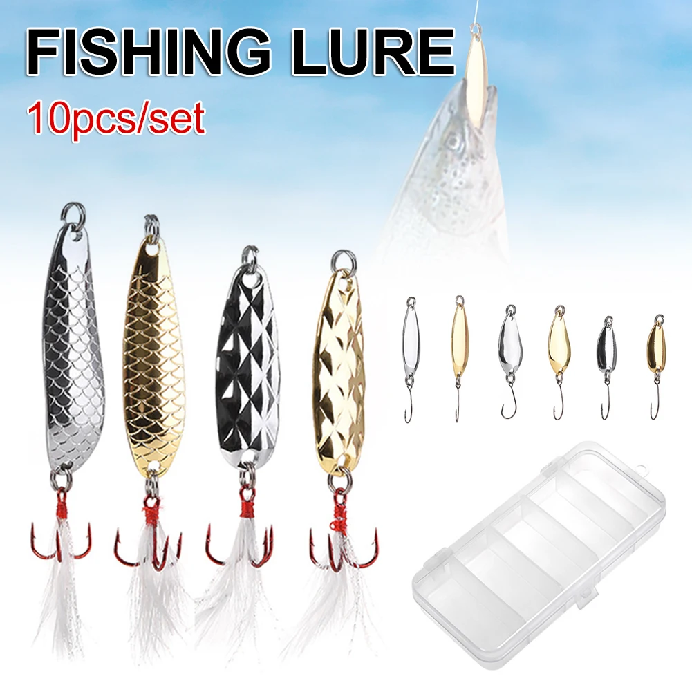 10pcs Spinning Fishing Lure Spoon Sequins Metal Hard Bait with Box Spinnerbait with Hook Fishing Tackle for Trout Perch Pike
10pcs Spinning Fishing Lure Spoon Sequins Metal Hard Bait with Box Spinnerbait with Hook Fishing Tackle for Trout Perch Pike