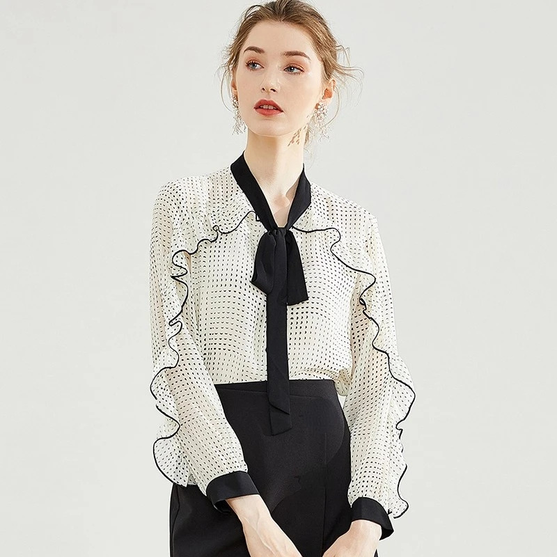 Chiffon Women's Blouse Girl's Shirt Summer Plaid Casual Long Sleeve Top Bow Fashion Female Clothing 
Chiffon Women's Blouse Girl's Shirt Summer Plaid Casual Long Sleeve Top Bow Fashion Female Clothing