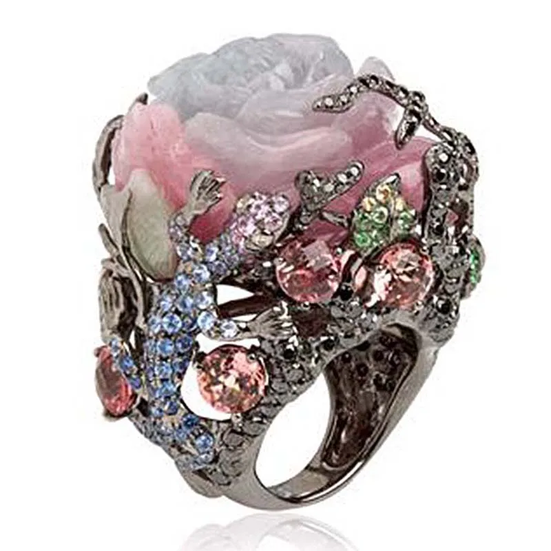 

Hot Sale Milangirl Vintage Black Tungsten Peony Flower Tree Vine Lizard Handmade Jewelry Resin Crystal Beaded Ring