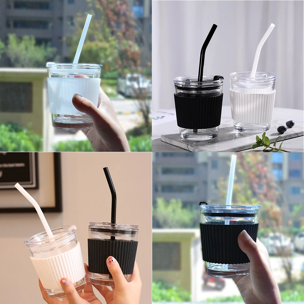 

350ML Portable Transparent Glass Cup Leak-proof Water Teacup Coffee Milk Juice Mug With Straws &Lids