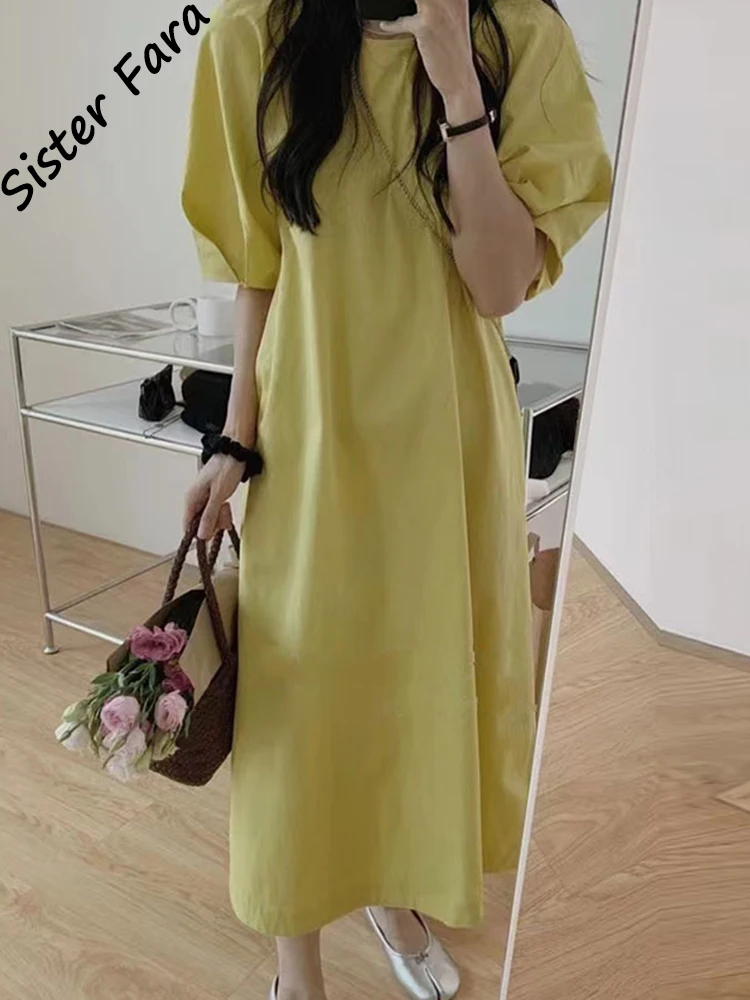 

Sister Fara Loose O-Neck Elegant Dresses for Women's Summer High Waist Casual Short Sleeve Dress Female Solid Pullover Mid Dress