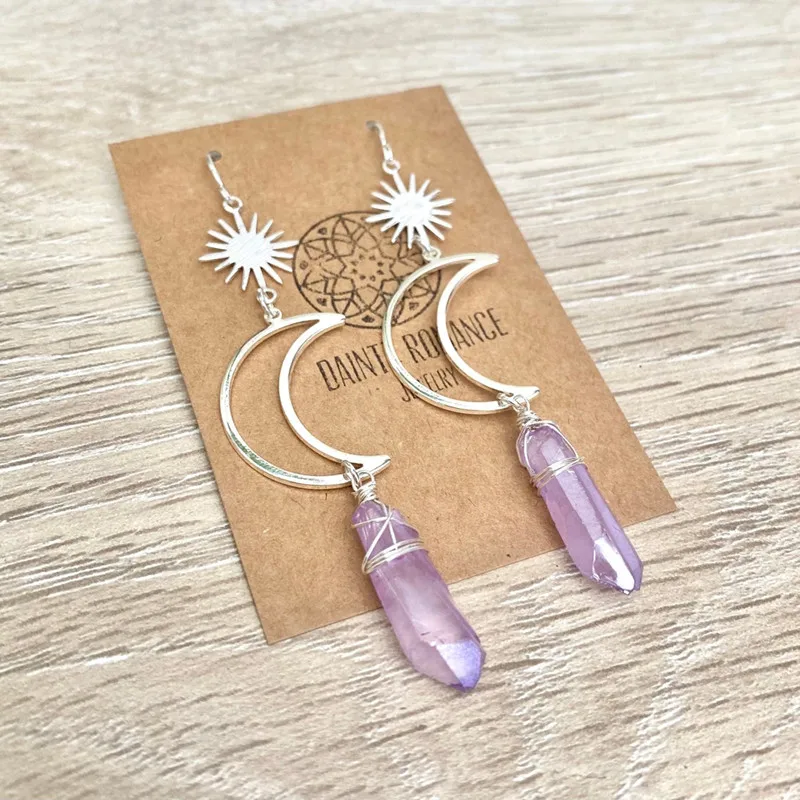 

Moon Crystal Earrings, Crescent Earrings, Rainbow Quartz Aura Earrings, Bohemian Style Crystal Jewelry, Witchcraft Gifts