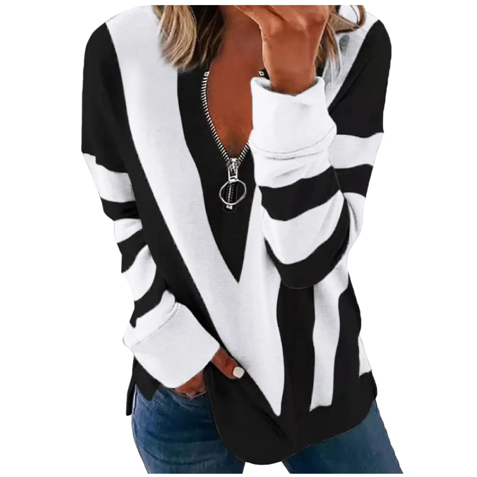 V-shaped Top Printing Zipper Ladies Temperament Strip T-shirt Long-Sleeved Women's Blouse Silk T Shirt Women 
V-shaped Top Printing Zipper Ladies Temperament Strip T-shirt Long-Sleeved Women's Blouse Silk T Shirt Women