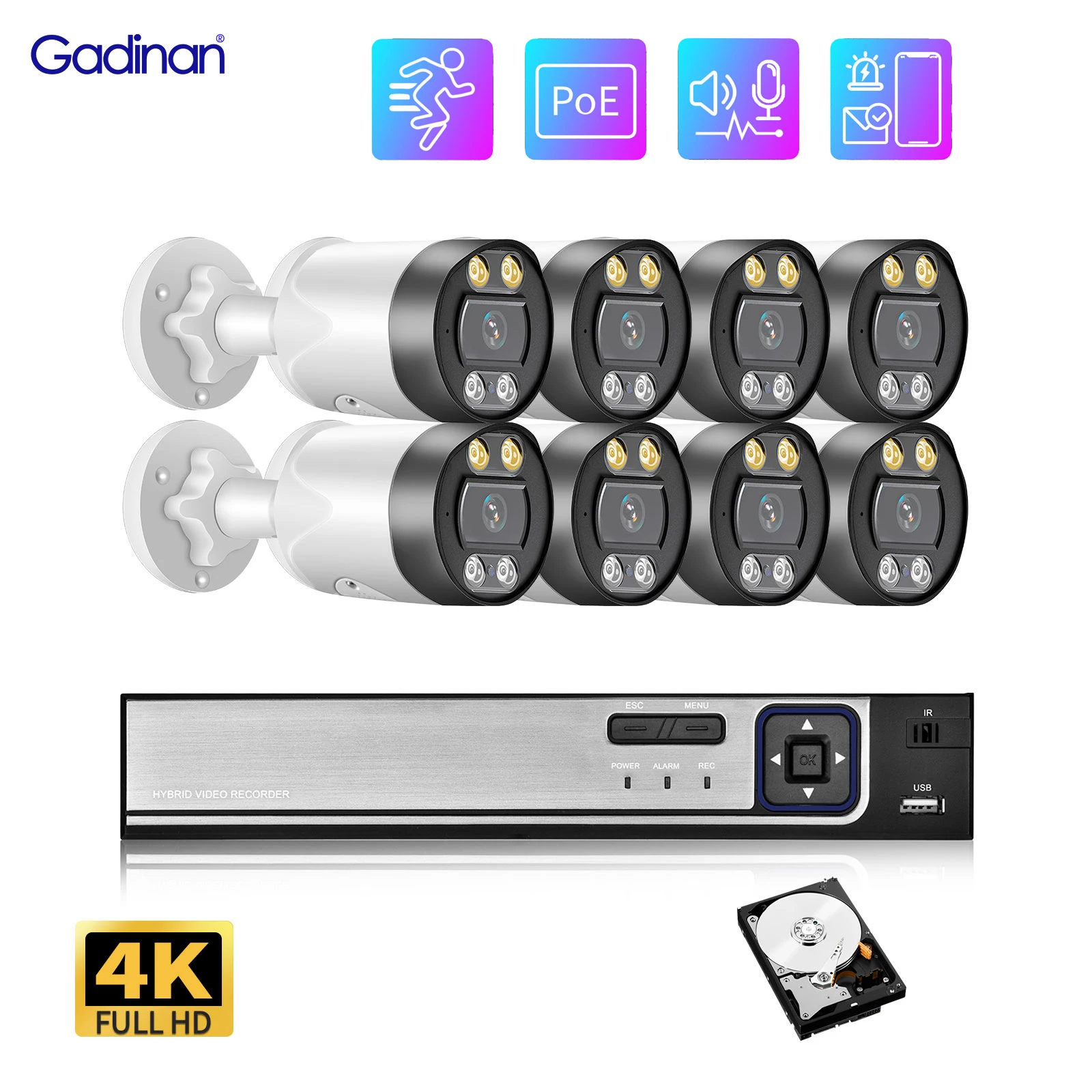 Gadinan Ultra HD 4K POE Video Surveillance System Two-way Audio Color Night Vision CCTV NVR Record With 8MP IP Camera Set
Gadinan Ultra HD 4K POE Video Surveillance System Two-way Audio Color Night Vision CCTV NVR Record With 8MP IP Camera Set
