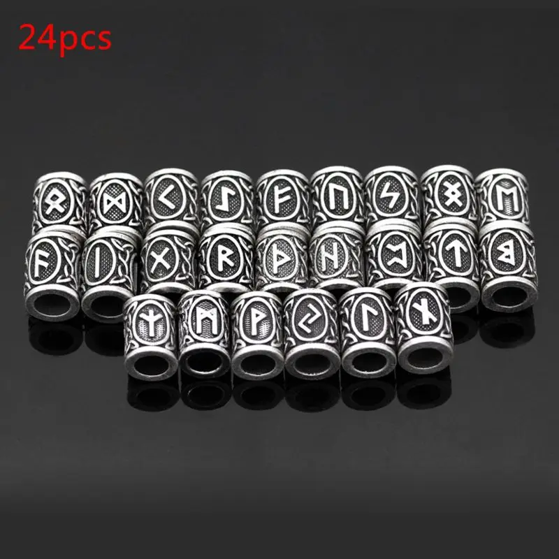 

24x/Set Metal Beads Charms Vintage Silver Paracord Norse Viking Rune Beads Bracelet Hair Beards for DIY Chain Jewelry