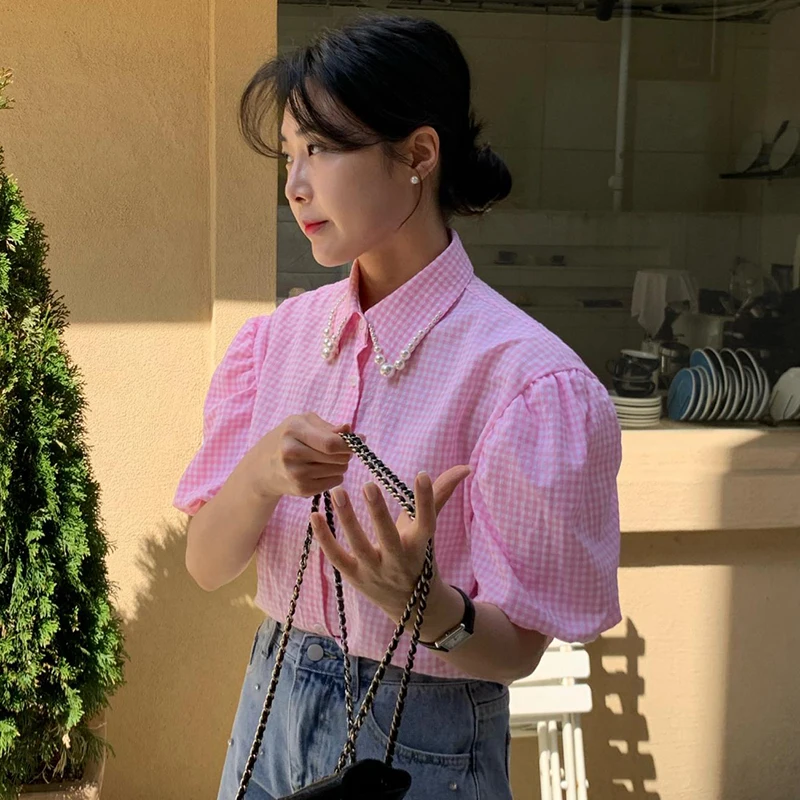 Женская блузка с отложным воротником, коротким рукавом и бусинами
Женская блузка с отложным воротником, коротким рукавом и бусинами