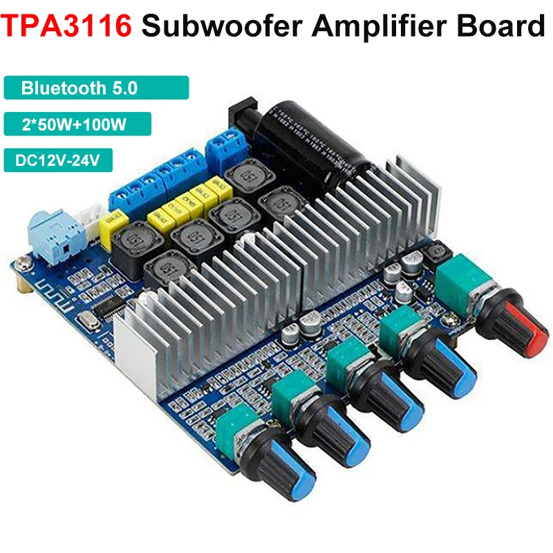 

TPA3116 Subwoofer Amplifier Board 2.1 Channel High Power Bluetooth 5.0 Audio Amplifiers DC12V-24V 2*50W+100W Amplificador