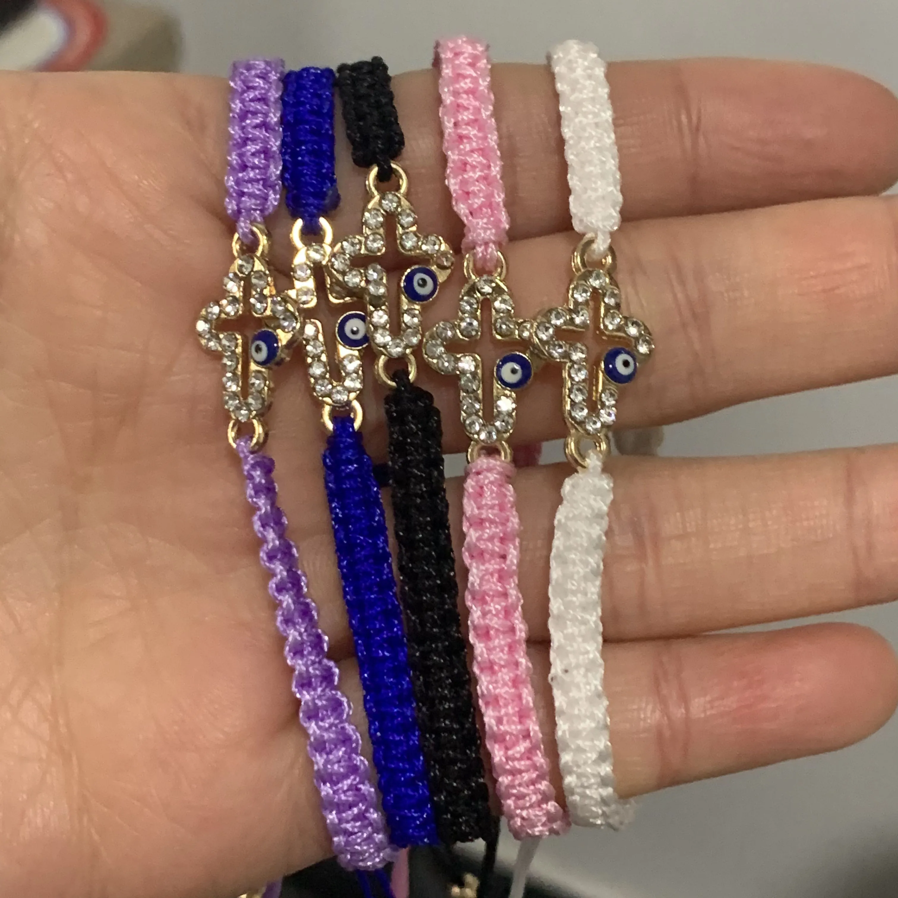 

12-Pack String Bracelets Wear Diamond Cross Devil's Eye Bracelet Adjustable Handmade Anklet Prayer Bracelet for Good Luck Gifts