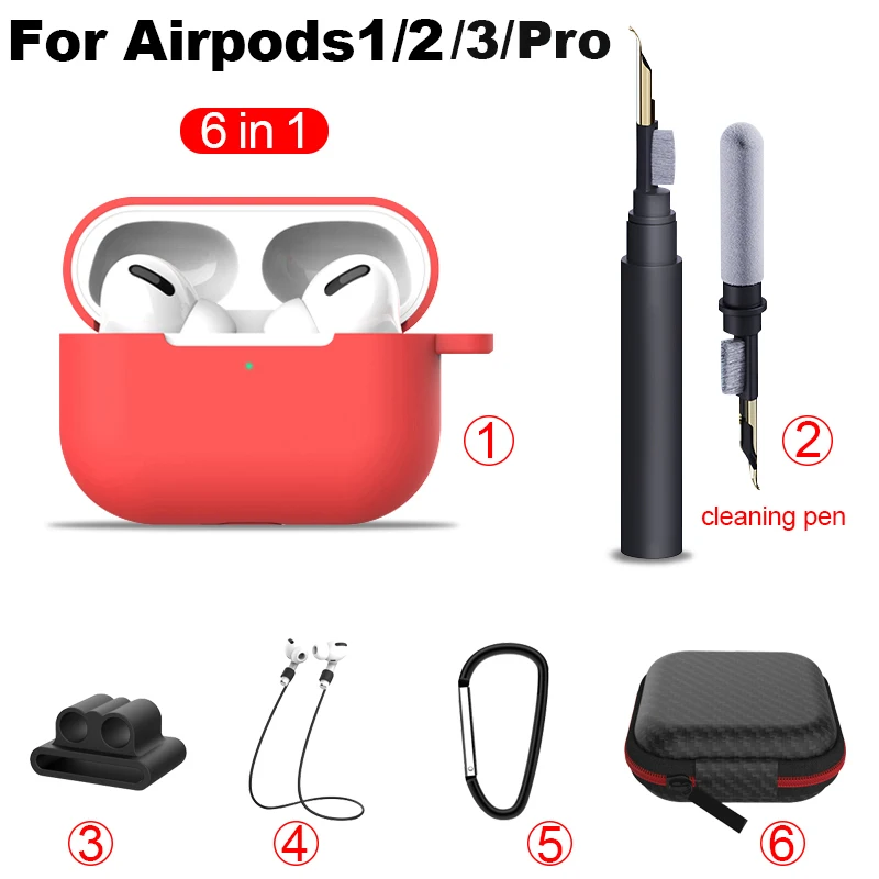 

Силиконовый чехол для наушников AirPods 1 2 3 аирподс 1 2 3 про чехол 6 в 1 с ручкой для очистки Bluetooth наушники чехол для Air Pods 2 3 Pro футляр для аксессуа...