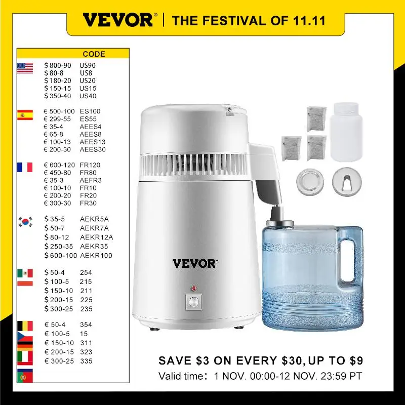 VEVOR 4L Water Distiller Purifier Filter Dispenser Heating Drinking Bottle Softener 304 Stainless Steel Home Appliance for Offic
VEVOR 4L Water Distiller Purifier Filter Dispenser Heating Drinking Bottle Softener 304 Stainless Steel Home Appliance for Offic