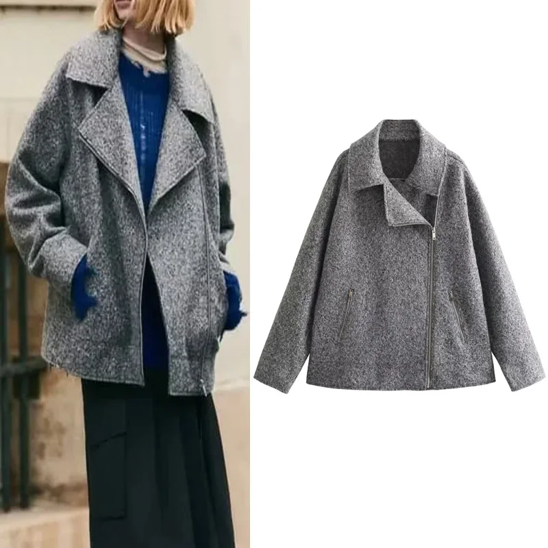 

TRAF 2024 Women Gray Tweed Jacket Korean Fashion Lapel Zip-Up Coat Woman Clothing Long Sleeve Jackets Autumn New Casual Outwears