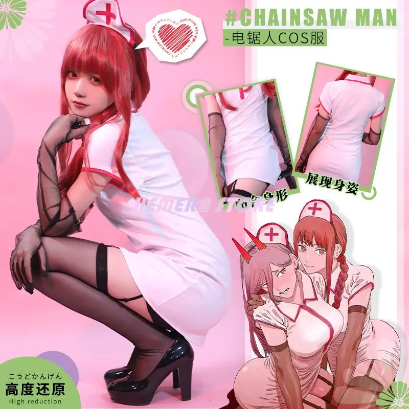 

Anime Chainsaw Man Cosplay Makima Costume Power Sexy Nurse Women Uniform Gloves Stockings Set Wig Female Halloween