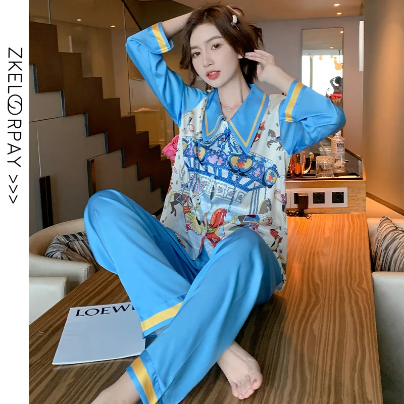 

2Pcs Long Pajamas Set Sleepwear Cozy Nightwear New Spring Autumn Print Floral Pyjamas Women Rayon Silkly Home Clothes Loungewear