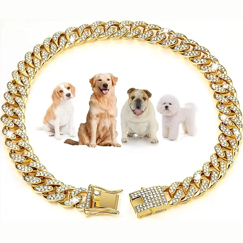 

Безопасные ошейники, персонализированное ожерелье для маленьких собак, большая кубинская пряжка, золотая цепочка со стразами, ошейник для кошек и средних собак с дизайном