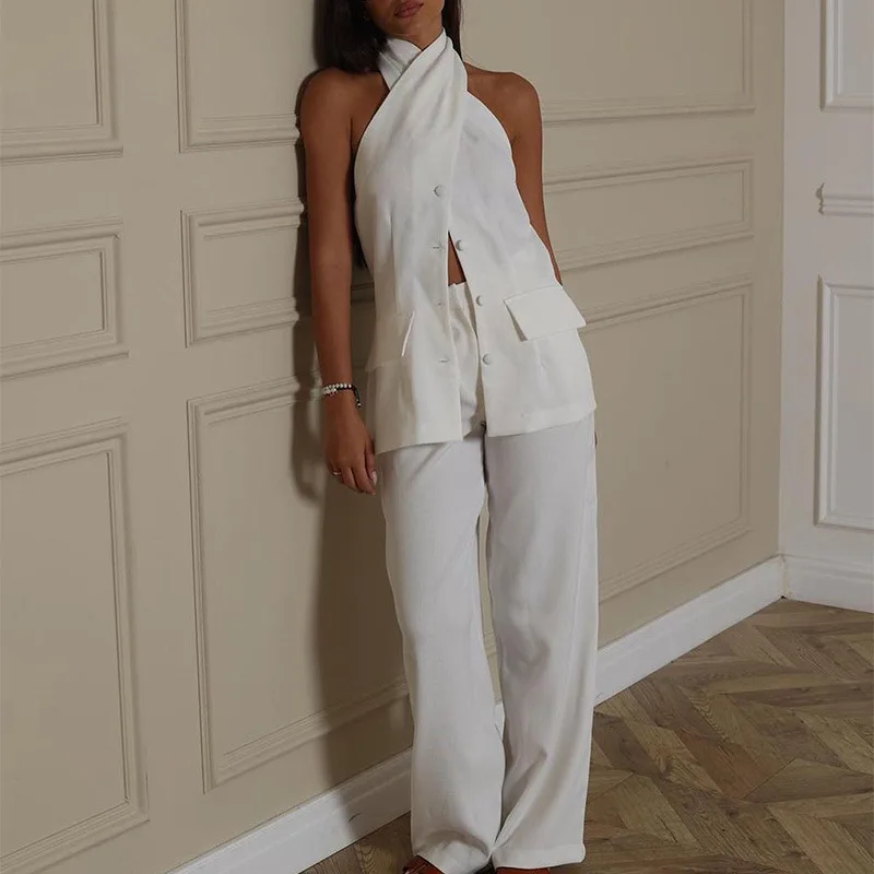 Women Two Piece Set Fashion Office V Neck Sleeveless Single Breasted Button Vest Jacket Top Loose Wide Legs Pants Sets
Women Two Piece Set Fashion Office V Neck Sleeveless Single Breasted Button Vest Jacket Top Loose Wide Legs Pants Sets