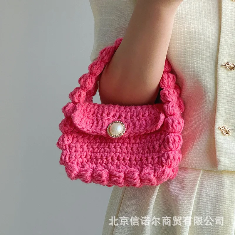 

Handmade Rope Knitting Shoulder Bag Mini Yarn Crochet Women's Handbags Luxury Pearls Chains Crossbody Bags for Women Woven Tote