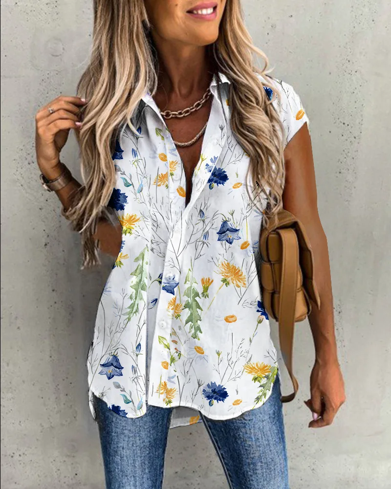 Women Shirt Floral Print Short Sleeve Fashion Lapel Single-breasted Loose Split Temperament White Lapel Temperament Commuter
Women Shirt Floral Print Short Sleeve Fashion Lapel Single-breasted Loose Split Temperament White Lapel Temperament Commuter