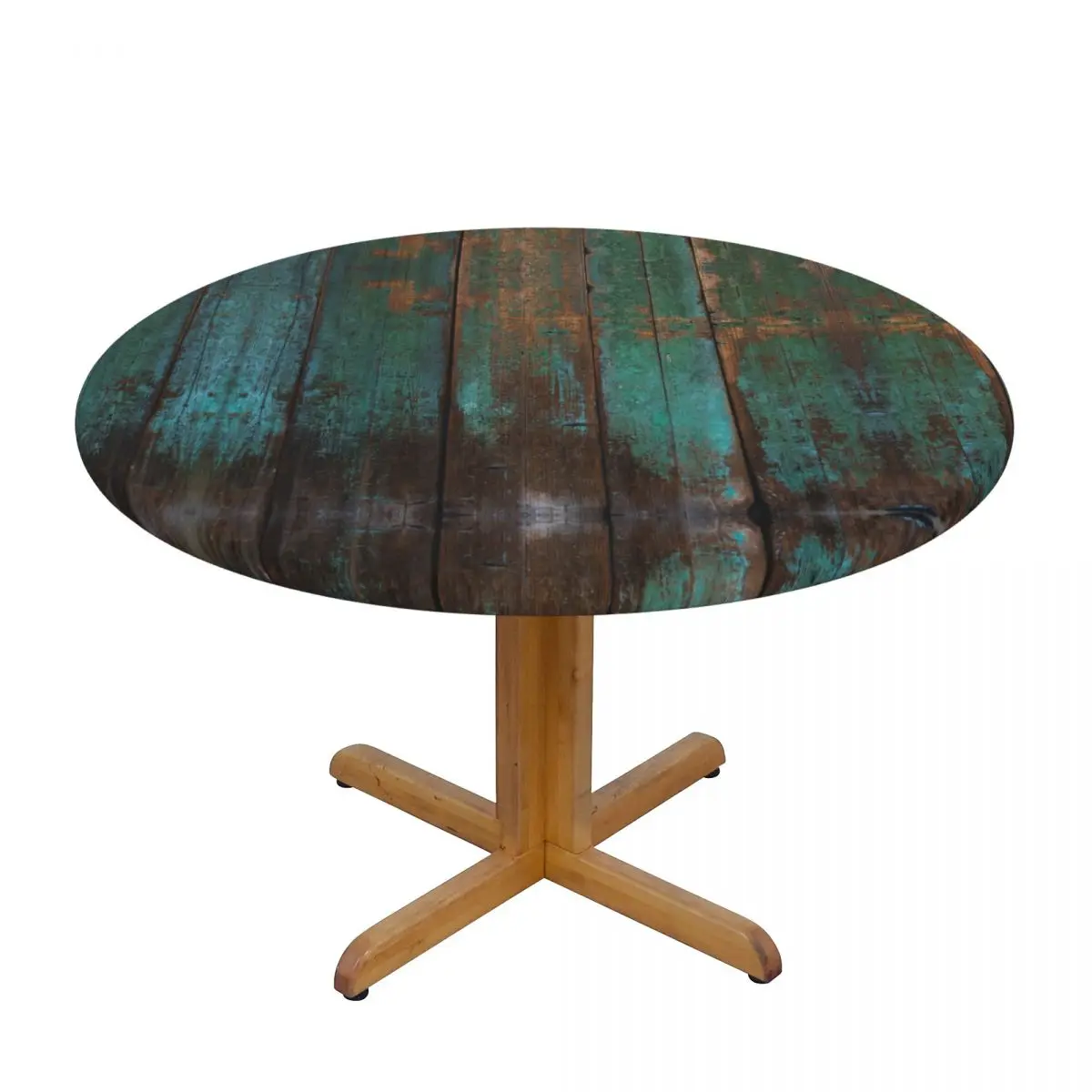 

Round Table Cover Cloth Protector Polyester Tablecloth Rustic Distressed Teal Green Barn Wood Table Cover with Elastic Edged