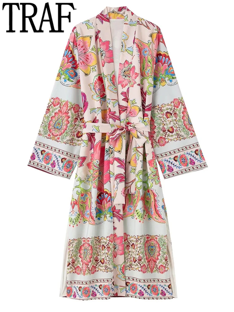 

TRAF Floral Print Beach Kimono Woman Summer 2022 Vintage Bohemian Long Woman Kimono Long Sleeve Boho Top Tied Belt Blouse