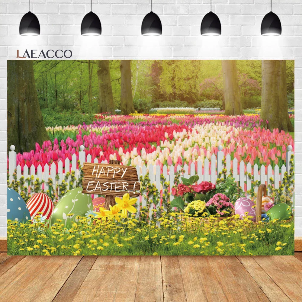 

Laeacco Spring Easter Backdrop Forest Garden Colorful Flower Green Grass Eggs Kids Birthday Baby Portrait Photography Background