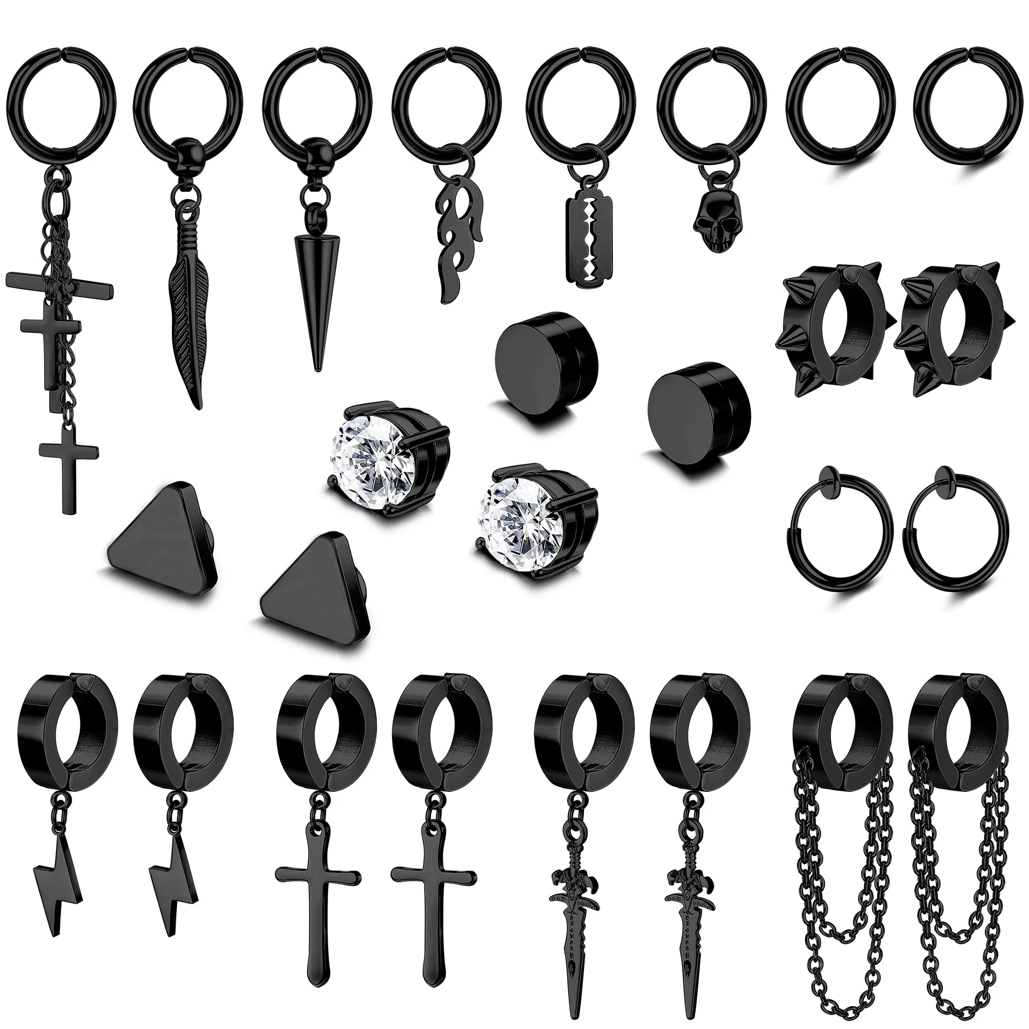 

2-26Pcs Stainless Steel Clip On Non Pierced Cross Chain Lightning Feather Spike Skull Dangle Huggie Hoop Fake Earrings Set Black