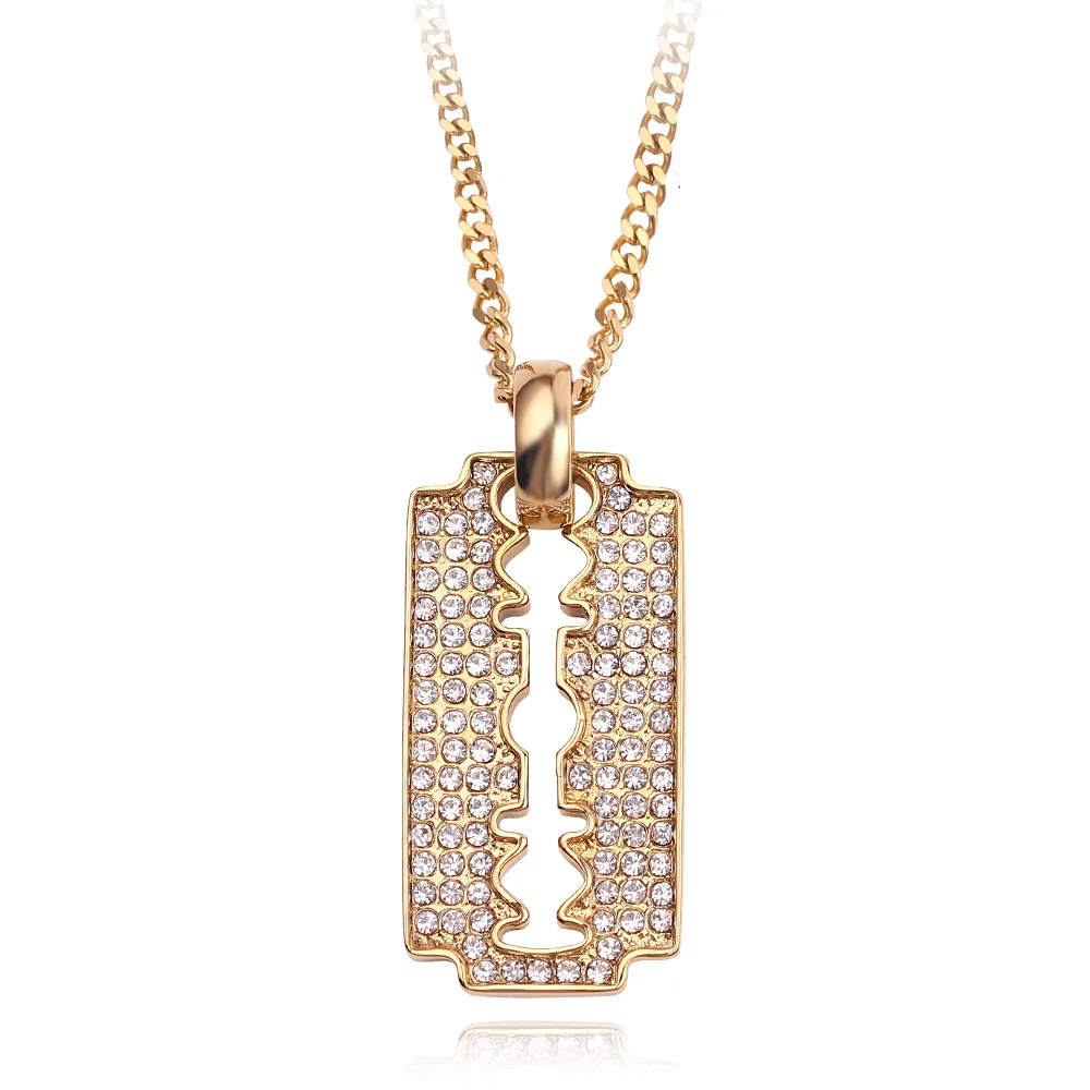 Punk Hip-Hop Gold Color Alloy Diamond Blades Pendant Necklaces For Men's Cool Jewelry Male Shaver Shape Necklace
Punk Hip-Hop Gold Color Alloy Diamond Blades Pendant Necklaces For Men's Cool Jewelry Male Shaver Shape Necklace