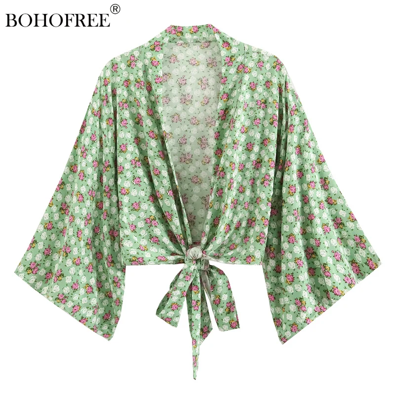 

Boho Green Floral Print Summer Cover Ups Rayon Cotton Bow Tie Sashes Bohemian Beach Wear Wrap Kimono Cardigan Tops Women Blusas