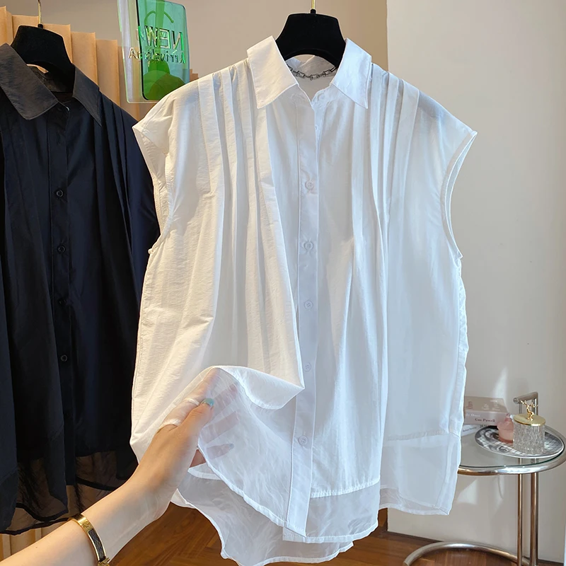 

Блузка женская плиссированная без рукавов, элегантная сетчатая рубашка в стиле пэчворк на пуговицах, однотонный Свободный Топ, повседневная одежда, лето 27518