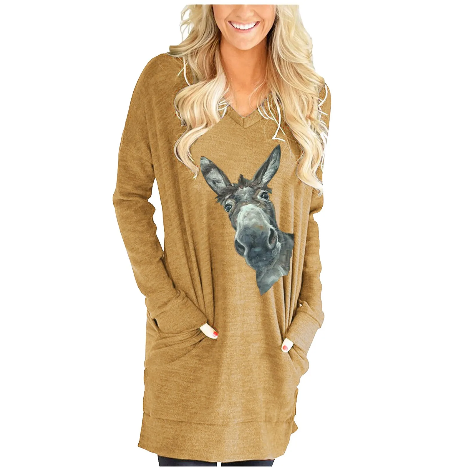 Loose Long Sleeve Fashion Animal Printed V-Neck Split Pocket T-Shirt Long Loose Dress Fitted Shirt Pack Women
Loose Long Sleeve Fashion Animal Printed V-Neck Split Pocket T-Shirt Long Loose Dress Fitted Shirt Pack Women