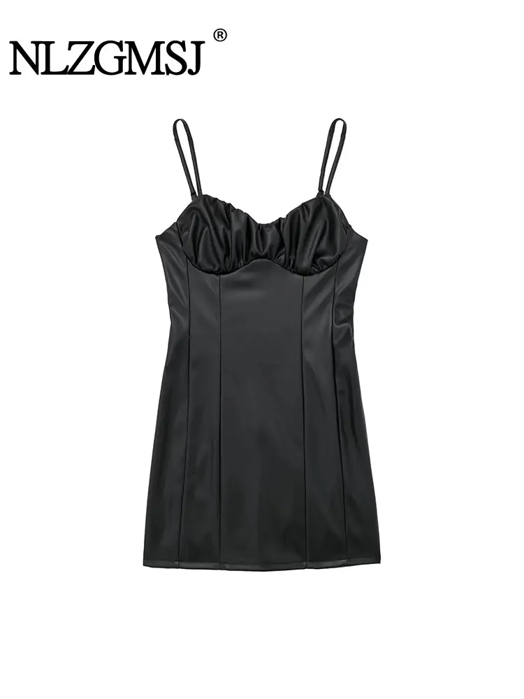 

Nlzgmsj TRAF Women Fashion PU Black Backless Zipper Mini Dress Vintage Thin Straps V-Neck Female Chic Lady Dresses