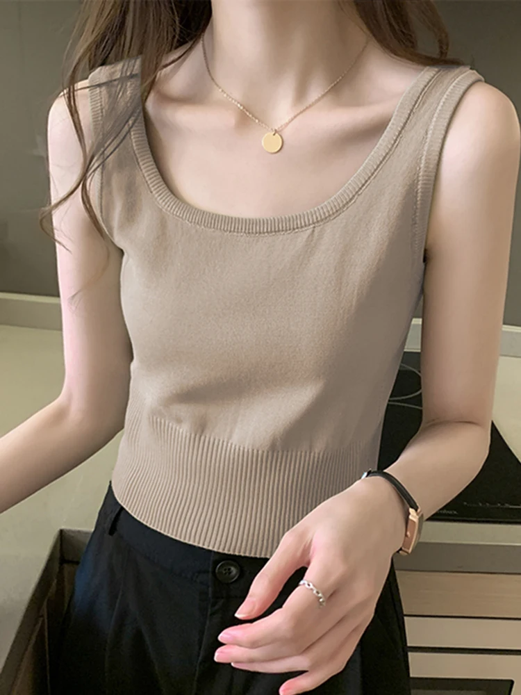 

2023 Women Solid O-neck Ribbed Tanks Top Camisole Summer Basic Sleeveless Female Crop Vest Elastic Knitted Casual Tank Tops