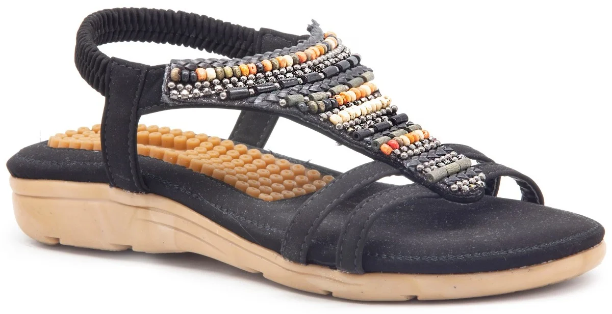 

Gedikpasalı Guja 120 9 Black 2022 Summer Season Women Sandals Flat Heel Stone Beads Accessories Daily Flexible Convenient Use Beach pool