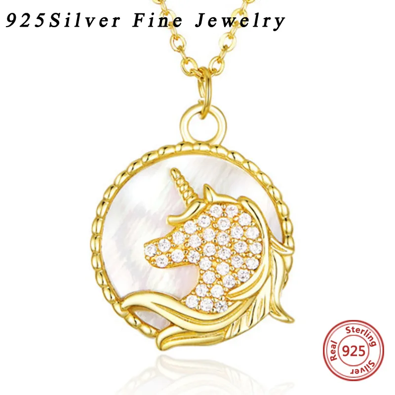 

925 Sterling Silver Unicorn Necklace Female Diamond White Fritillaria Choker Shell Round Pendant for Mother Women Fine Jewelry