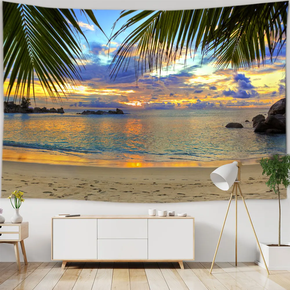 

Beautiful Seascape Home Decor Wall Hanging Sunset Boat Seagull Coconut Tree Tapestry Background Wall Decoration Backdrop Ceiling