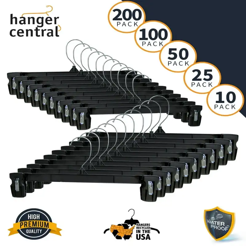 Black Heavy Duty Plastic Pants & Skirt Bottom Hangers with Plastic Extra Long Pinch Clips and Polished Metal Swivel Hooks, 12 In
Black Heavy Duty Plastic Pants & Skirt Bottom Hangers with Plastic Extra Long Pinch Clips and Polished Metal Swivel Hooks, 12 In