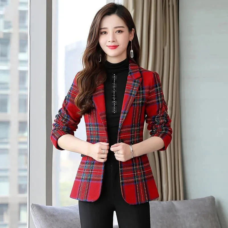 

Женский Классический Клетчатый Блейзер, корейская мода, облегающий пиджак с длинным рукавом и V-образным вырезом, Женская винтажная верхняя одежда на весну и осень