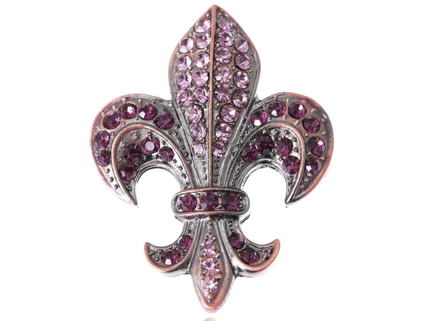 

Copper Silvery Tone Purple Rhinestones French Fleur De Lis Lily Brooch Pin