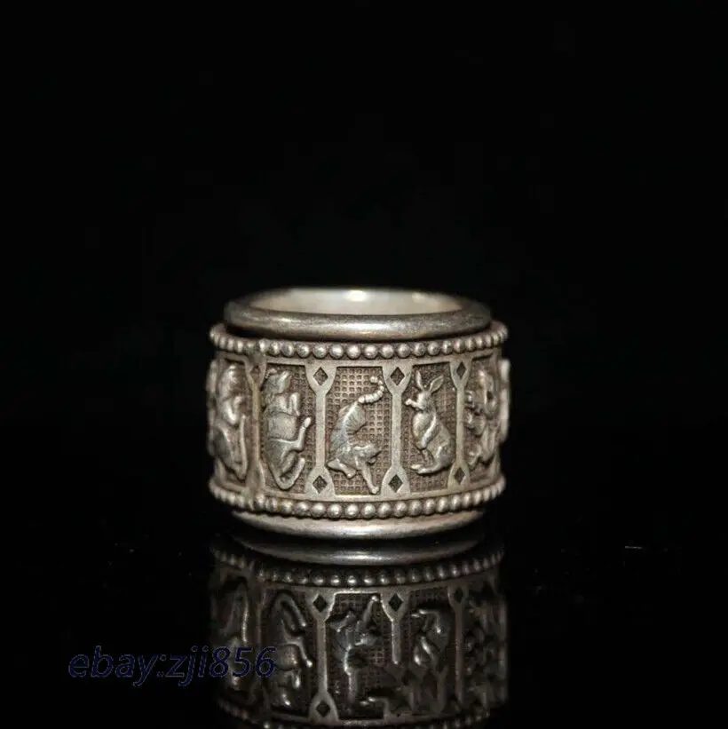 

Китайское старое тибетское серебряное резное вращающееся кольцо со знаками Зодиака