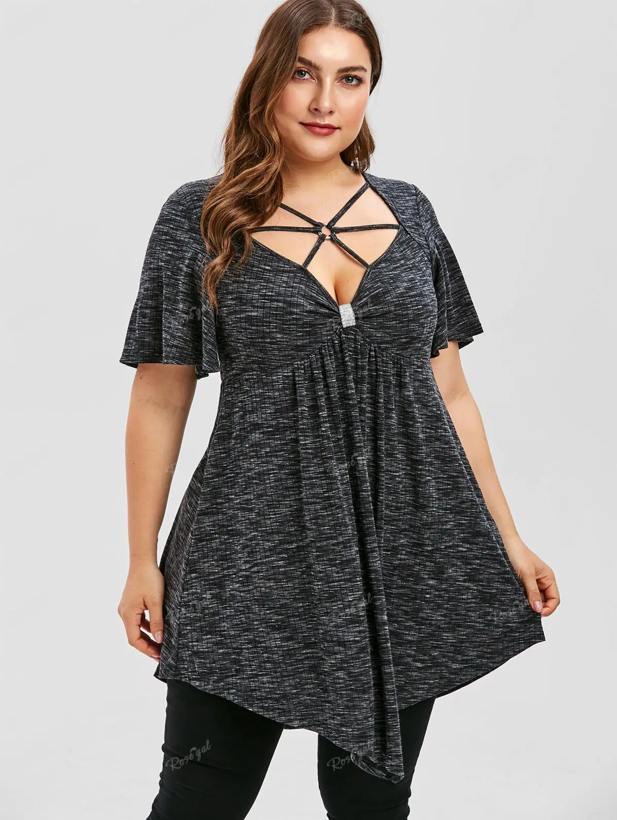 

ROSEGAL Plus Size O-Ring Stripes Buckle T-shirt Women V-Neck Handkerchief Marled Short Sleeves Tees Gray Casual Tops