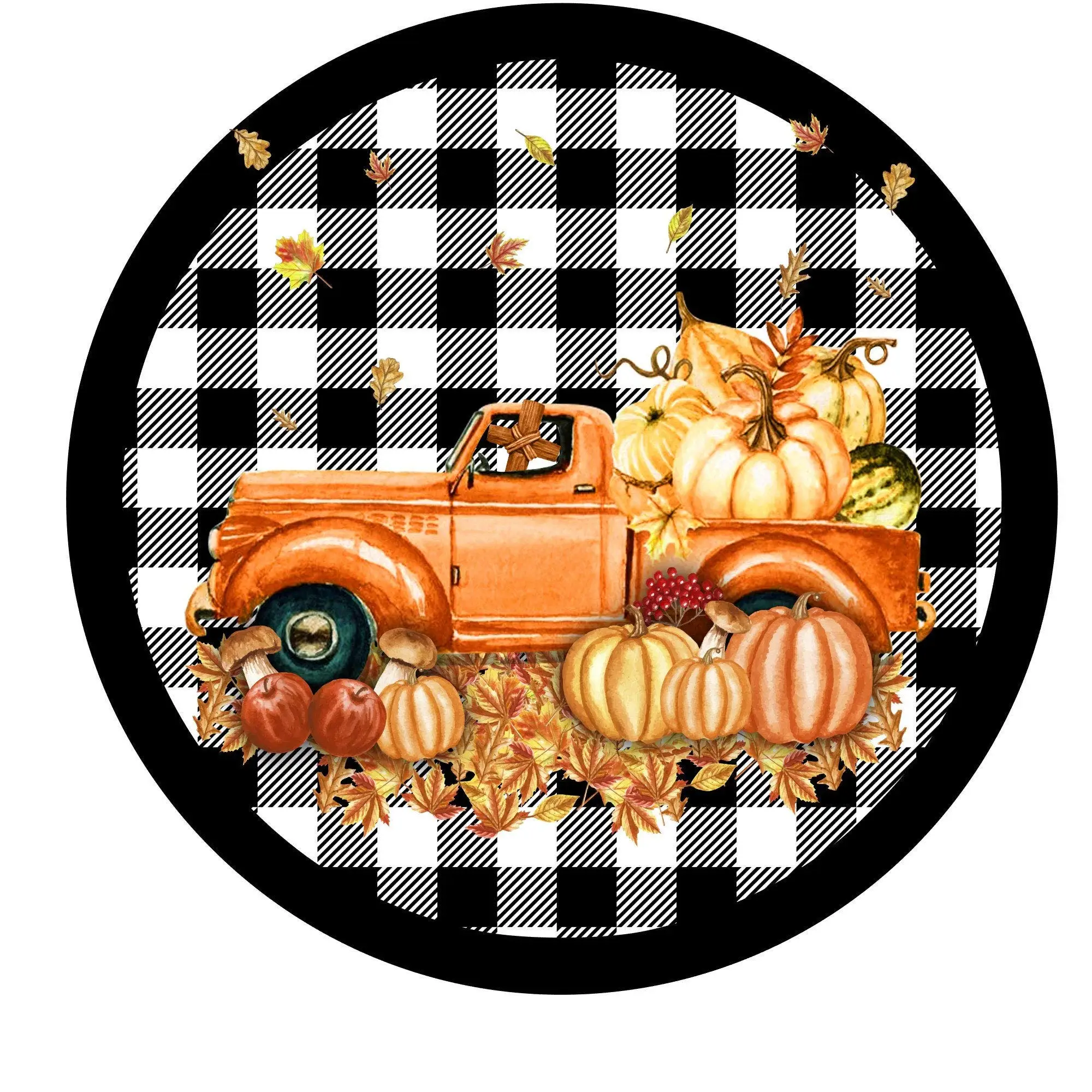 

Retro Round Sign Orange Truck with Pumpkins Fall Wreath Warn Novelty Man Cave Bar - Wall Decor Door Plaque Tin Sign12X12in