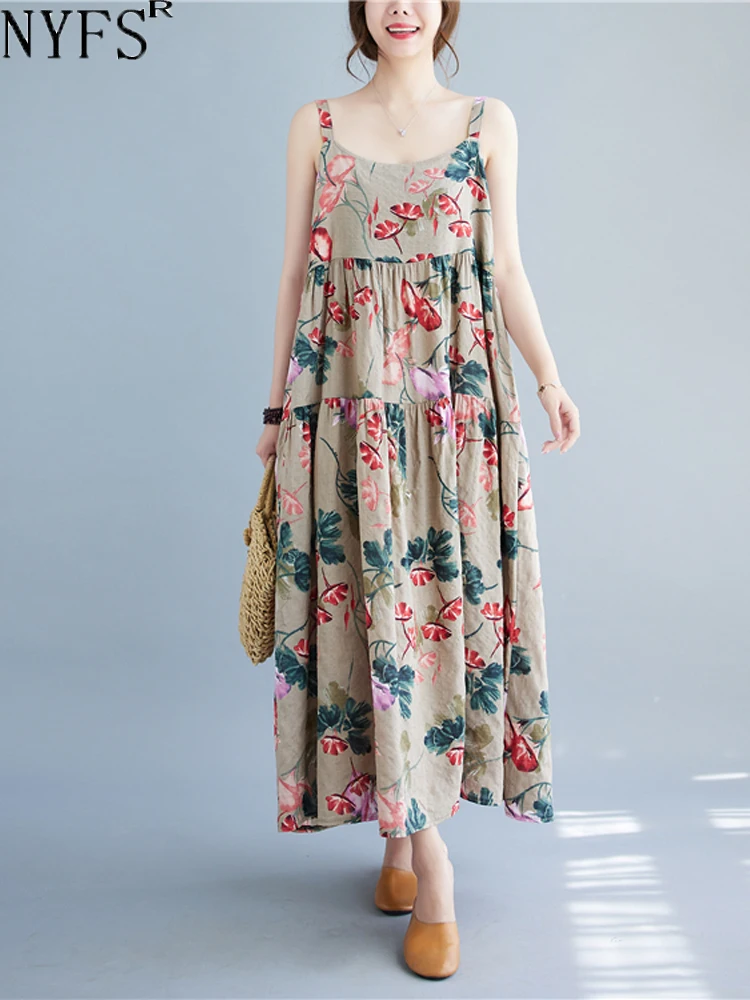 

2023 Summer New Korea Woman Dress Vestidos Robe Elbise Loose Plus Size Flowers Print Suspenders Long Dress