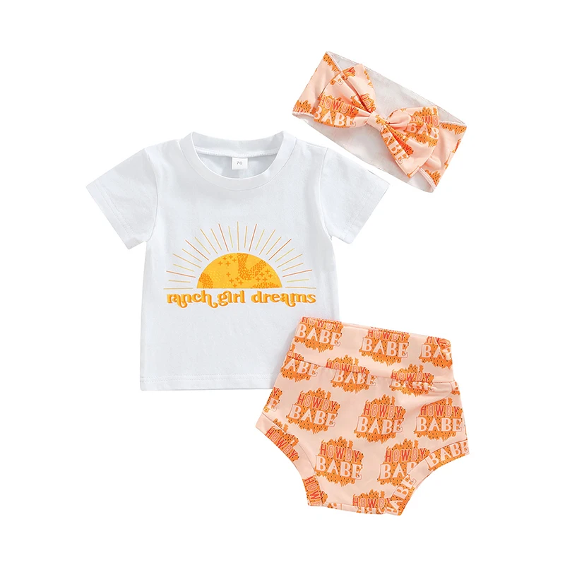 Summer Baby Girls Sun Letter Print Short Sleeve T-shirt Tops Shorts Headband Outfits Set baby clothes 6 to 12 months 
Summer Baby Girls Sun Letter Print Short Sleeve T-shirt Tops Shorts Headband Outfits Set baby clothes 6 to 12 months