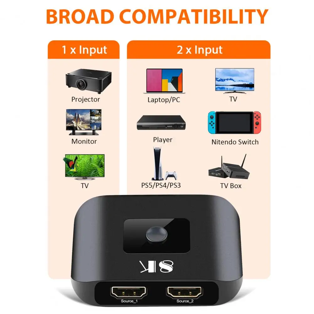 Разветвитель кабеля HDMI 8K 2x1, HD 1080P, 2 входа, 1 выход
Разветвитель кабеля HDMI 8K 2x1, HD 1080P, 2 входа, 1 выход