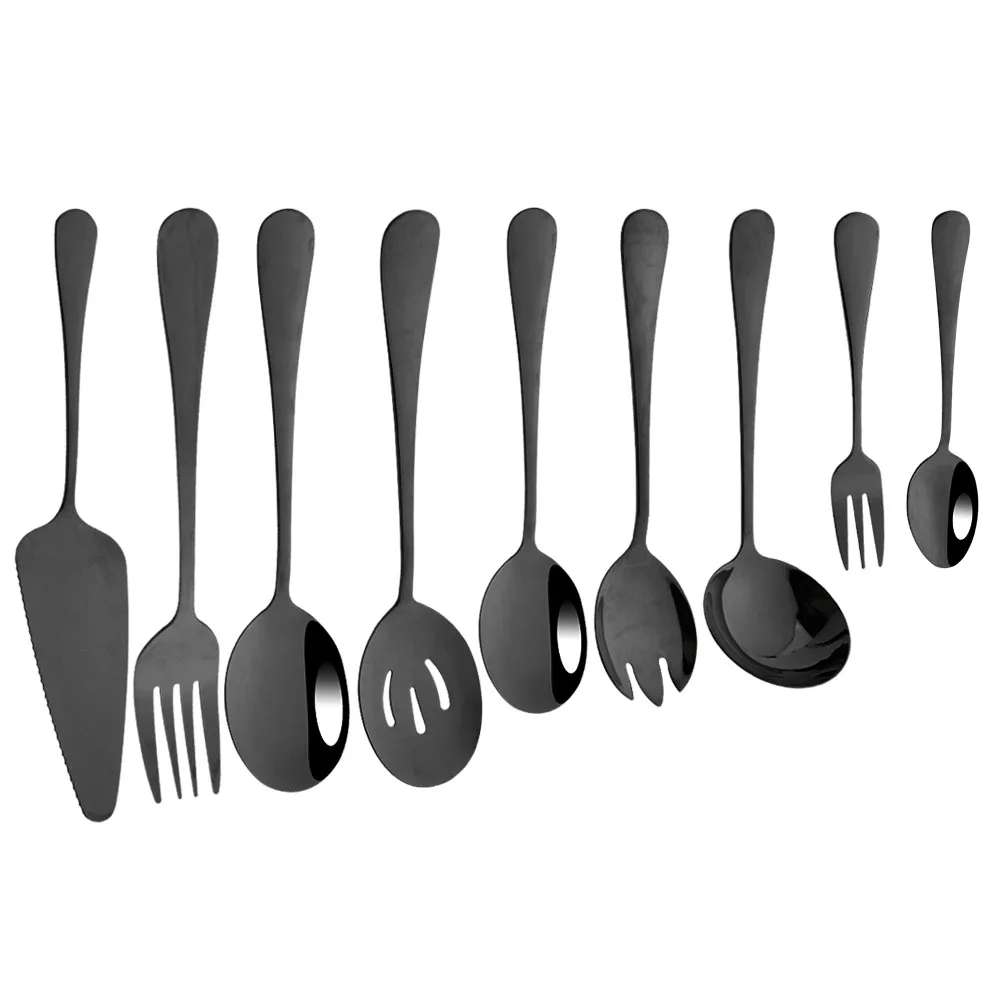 

Black Dinnerware Stainless Steel Cutlery Cake Shovel Serving Colander Soup Spoon Salad Fork Tableware Flatware Set Accessories