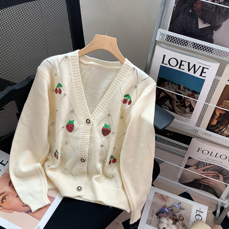 Sweet Cherry Short Sweater Cardigans Women's Coat Jacquard Korean Style Top Spring Autumn Winter Female Loose Knitted Jackets
Sweet Cherry Short Sweater Cardigans Women's Coat Jacquard Korean Style Top Spring Autumn Winter Female Loose Knitted Jackets