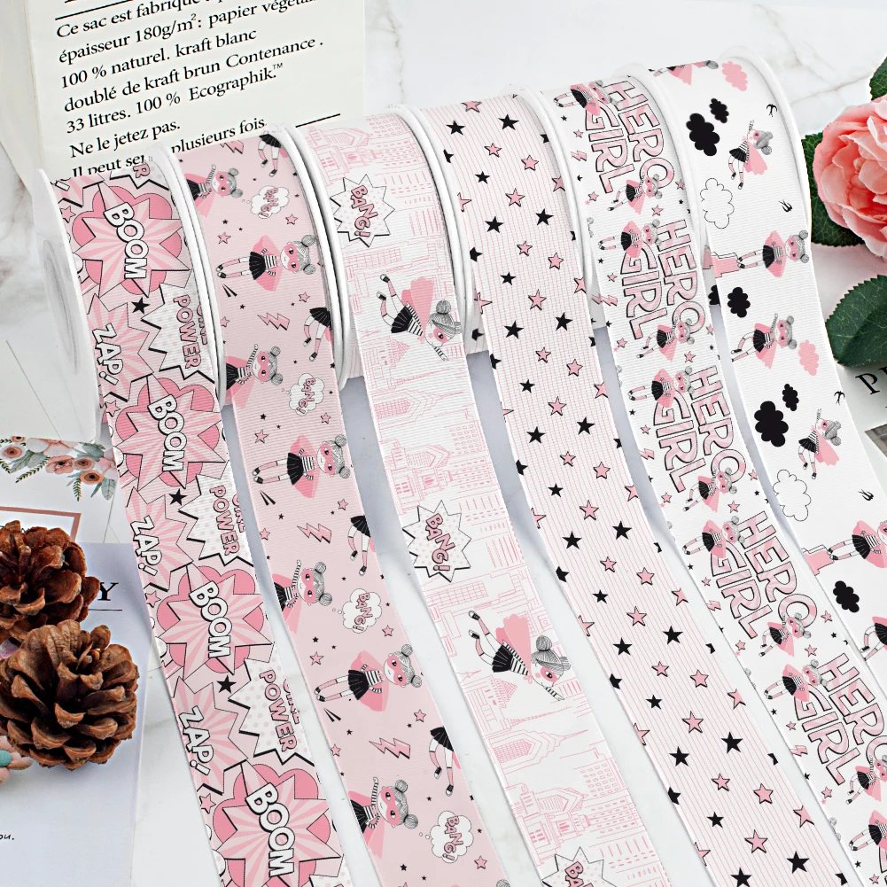 

Розовая дизайнерская атласная лента в рубчик с принтом для упаковки подарков, бант для волос, высота 50 ярдов