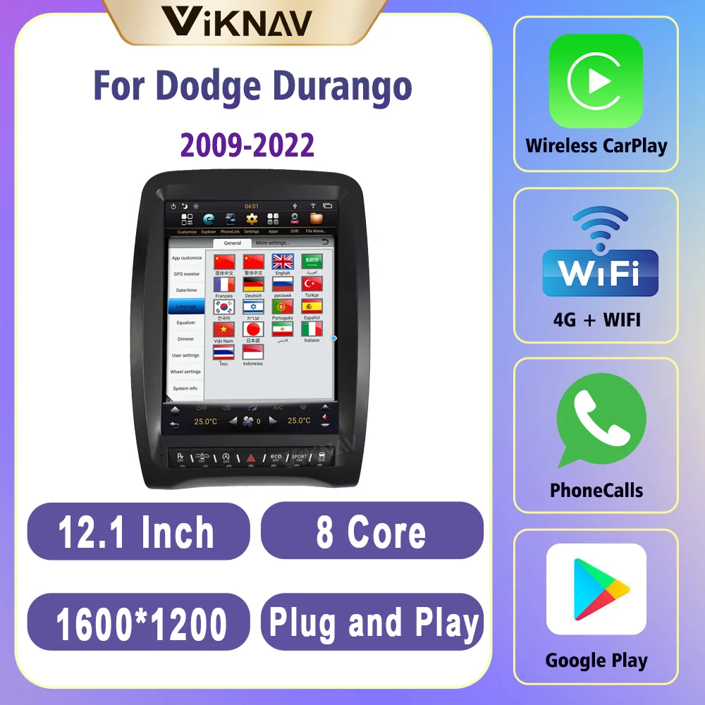 

12.1 Inch 128G Carplay Radio For Dodge Durango 2009-2022 Rear View 1080P Navigation GPS 1600*1200 360 View 4G Network Bluetooth