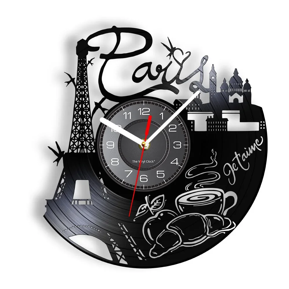 

Paris Eiffel Tower Vinyl Longplay Record Wall Clock Famous Buildings in France Romance Home Decor Vintage Watch Architecture Art